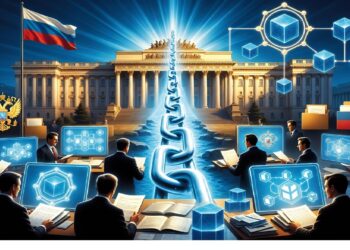 Personas ante pantallas con redes de cubos frente a edificio gubernamental ruso iluminado y cadena vertical brillante, evocando vínculo entre infraestructura estatal y sistemas blockchain.