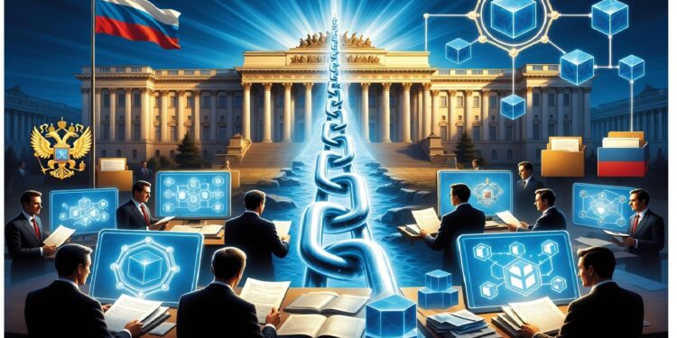 Personas ante pantallas con redes de cubos frente a edificio gubernamental ruso iluminado y cadena vertical brillante, evocando vínculo entre infraestructura estatal y sistemas blockchain.