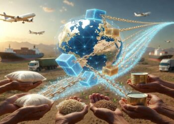 Globo luminoso rodeado de cubos y cadenas digitales junto a barcos, aviones y camiones, con manos sosteniendo alimentos, evocando logística global y trazabilidad en cadenas de suministro.