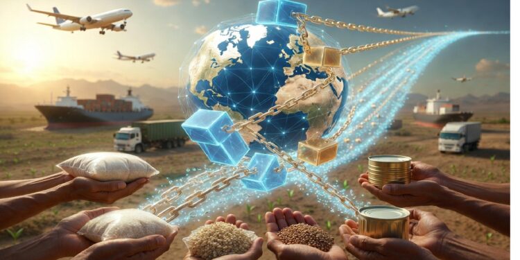 Globo luminoso rodeado de cubos y cadenas digitales junto a barcos, aviones y camiones, con manos sosteniendo alimentos, evocando logística global y trazabilidad en cadenas de suministro.
