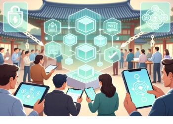 Personas en patio tradicional con techos orientales usando tabletas ante hologramas de cubos, cadenas e íconos digitales, evocando integración de tecnología y arquitectura histórica.