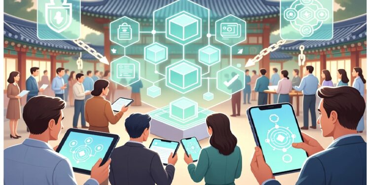 Personas en patio tradicional con techos orientales usando tabletas ante hologramas de cubos, cadenas e íconos digitales, evocando integración de tecnología y arquitectura histórica.