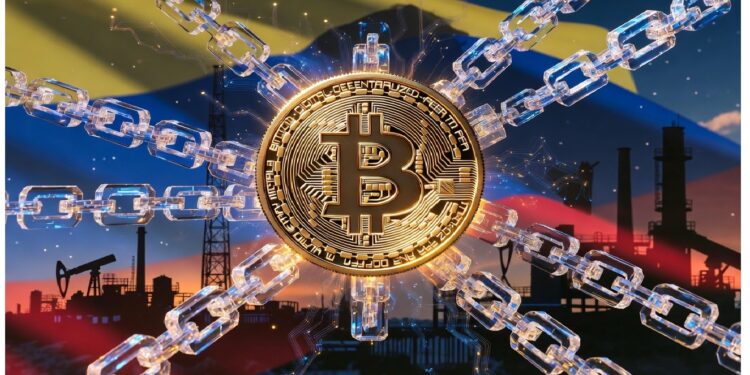 Símbolo dorado de Bitcoin rodeado de cadenas digitales transparentes frente a siluetas industriales y cielo con tonos de banderas, evocando vínculo entre cripto, energía y contexto geopolítico.