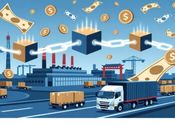 Camiones y contenedores circulan ante fábricas y grúas mientras bloques encadenados flotan con símbolos de dinero, evocando integración de blockchain en logística e industria global.