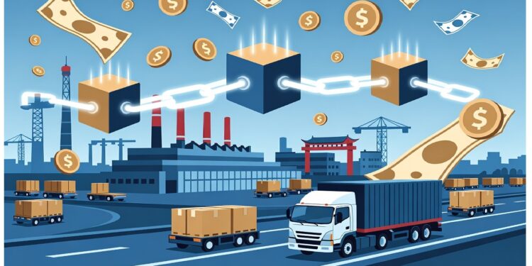 Camiones y contenedores circulan ante fábricas y grúas mientras bloques encadenados flotan con símbolos de dinero, evocando integración de blockchain en logística e industria global.