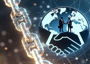 Cadena metálica unida a globo con dos figuras de negocios dándose la mano sobre red de nodos, evocando seguridad blockchain y colaboración internacional en entornos digitales.