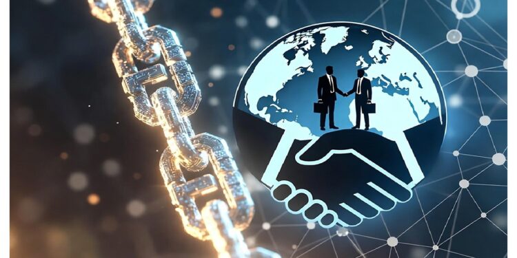 Cadena metálica unida a globo con dos figuras de negocios dándose la mano sobre red de nodos, evocando seguridad blockchain y colaboración internacional en entornos digitales.