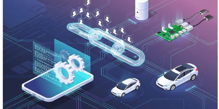Coches, móvil con hologramas y cadena luminosa conectan usuarios y dispositivos sobre fondo de circuitos azul púrpura, evocando integración IoT y automatización inteligente.