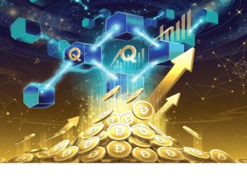 Profesionales reunidos en mesa de juntas con símbolos de Bitcoin y cadenas blockchain, ciudad al fondo y flechas ascendentes, evocando adopción tecnológica en entornos financieros.