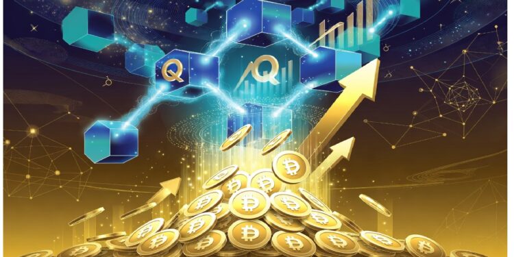 Profesionales reunidos en mesa de juntas con símbolos de Bitcoin y cadenas blockchain, ciudad al fondo y flechas ascendentes, evocando adopción tecnológica en entornos financieros.