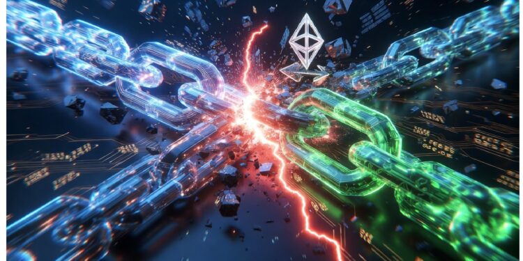 Cadenas digitales azul y verde rompiéndose con destello rojo bajo logo de Ethereum suspendido, evocando tensión, ruptura o cambio dentro de un entorno tecnológico descentralizado.