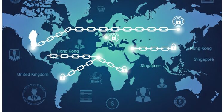 Mapa mundial con regiones resaltadas unidas por cadenas y candados luminosos junto a iconos de negocios y finanzas, evocando redes globales seguras basadas en tecnología digital.