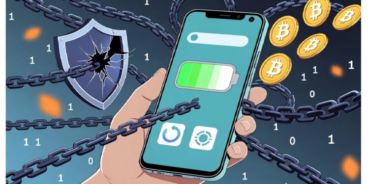 Mano sosteniendo móvil con batería alta rodeado de cadenas, escudo roto y bitcoins sobre fondo binario, aludiendo a vulnerabilidad y riesgos de seguridad en dispositivos.