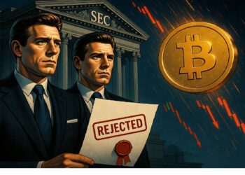 Gemelos Winklevoss ante edificio de la SEC mientras una sostiene documento rechazado junto a gran Bitcoin dorado y líneas rojas descendentes, evocando tensión regulatoria cripto.