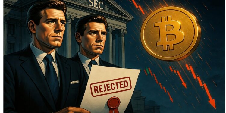 Gemelos Winklevoss ante edificio de la SEC mientras una sostiene documento rechazado junto a gran Bitcoin dorado y líneas rojas descendentes, evocando tensión regulatoria cripto.
