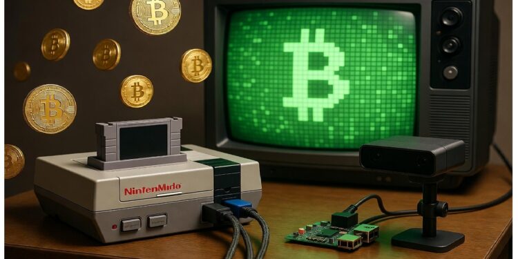 Consola retro modificada conectada a placa y cámara frente a televisor CRT con gran símbolo de Bitcoin y monedas flotantes, evocando cruce entre tecnología clásica y cripto.