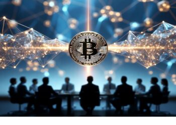 Símbolo central de Bitcoin rodeado de red digital con iconos de usuarios, alertas y cadena metálica, evocando comunicación, seguridad y actividad en ecosistemas blockchain modernos.