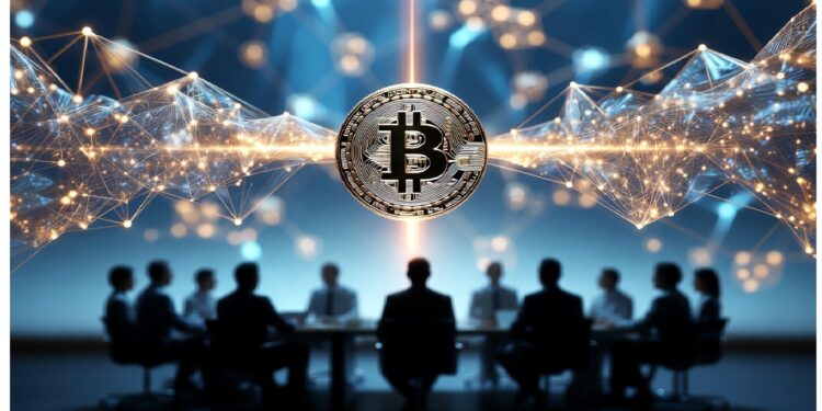 Símbolo central de Bitcoin rodeado de red digital con iconos de usuarios, alertas y cadena metálica, evocando comunicación, seguridad y actividad en ecosistemas blockchain modernos.