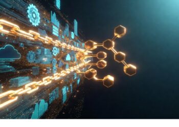 Cadena dorada luminosa con red de nodos hexagonales y iconos digitales azules sobre fondo oscuro, evocando conectividad descentralizada y procesos tecnológicos basados en blockchain.
