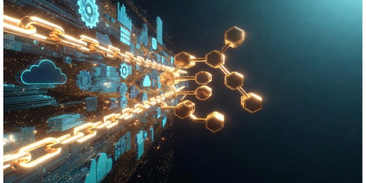 Cadena dorada luminosa con red de nodos hexagonales y iconos digitales azules sobre fondo oscuro, evocando conectividad descentralizada y procesos tecnológicos basados en blockchain.