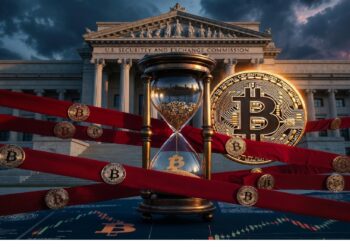 Edificio de la SEC al fondo con gran reloj de arena dorado y cintas rojas que envuelven monedas de Bitcoin sobre gráfico financiero, evocando tensión entre regulación y cripto.