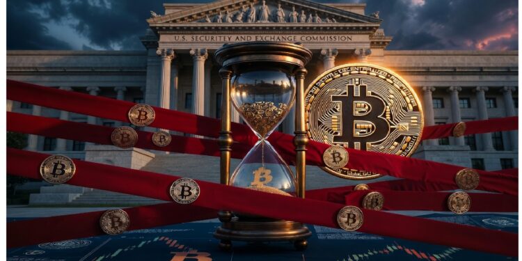 Edificio de la SEC al fondo con gran reloj de arena dorado y cintas rojas que envuelven monedas de Bitcoin sobre gráfico financiero, evocando tensión entre regulación y cripto.
