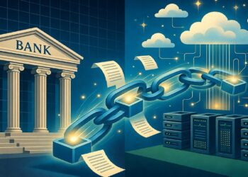 Banco clásico frente a servidores y nube unidos por cadena digital con documentos flotando entre ambos, simbolizando transición entre finanzas tradicionales y sistemas descentralizados.