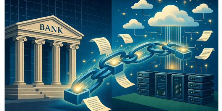 Banco clásico frente a servidores y nube unidos por cadena digital con documentos flotando entre ambos, simbolizando transición entre finanzas tradicionales y sistemas descentralizados.