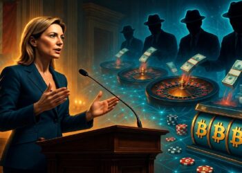 Mujer en podio hablando mientras figuras sombrías juegan ruleta con dinero y bitcoins sobre gráficos digitales, sugiriendo vínculo entre política, apuestas y criptomonedas.
