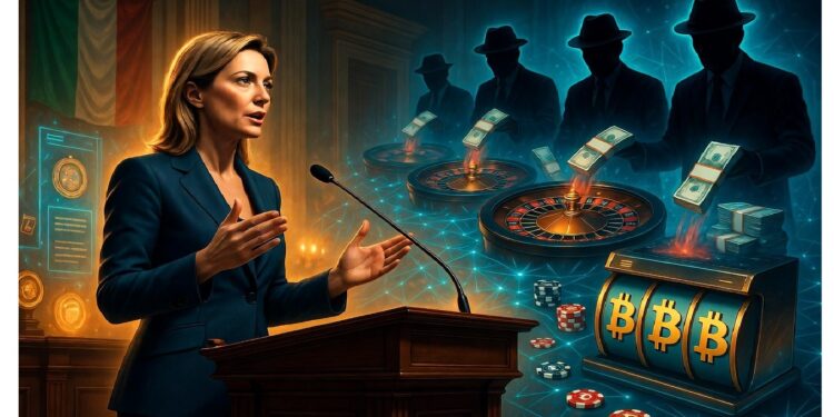 Mujer en podio hablando mientras figuras sombrías juegan ruleta con dinero y bitcoins sobre gráficos digitales, sugiriendo vínculo entre política, apuestas y criptomonedas.