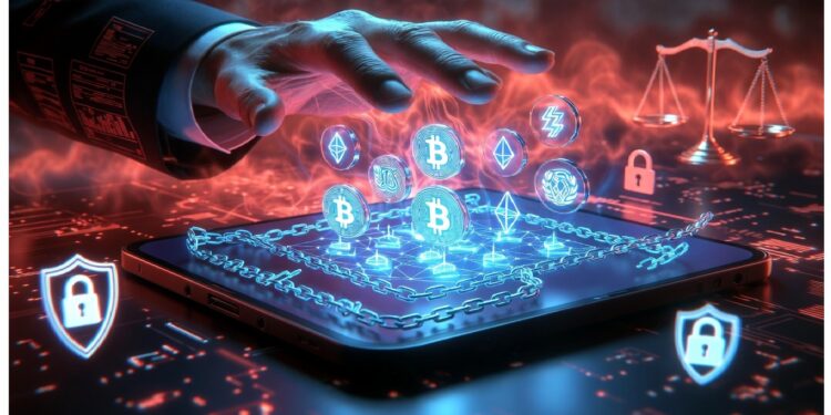 Mano sobre tableta que proyecta iconos de Bitcoin, Ethereum y candados rodeados por cadena luminosa, con balanza al fondo, evocando seguridad y regulación en finanzas digitales.