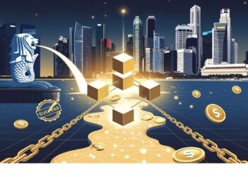 Merlion y rascacielos de Singapur frente a cadenas doradas, cubos y símbolos digitales sobre red luminosa, evocando conexión entre identidad nacional y ecosistema financiero digital.