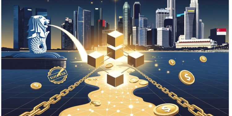Merlion y rascacielos de Singapur frente a cadenas doradas, cubos y símbolos digitales sobre red luminosa, evocando conexión entre identidad nacional y ecosistema financiero digital.