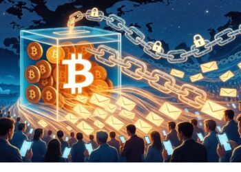 Cubo transparente con monedas Bitcoin irradiando datos hacia multitud con móviles bajo cadena con candados sobre mapa mundial, evocando transacciones seguras y alcance global cripto.