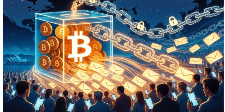 Cubo transparente con monedas Bitcoin irradiando datos hacia multitud con móviles bajo cadena con candados sobre mapa mundial, evocando transacciones seguras y alcance global cripto.