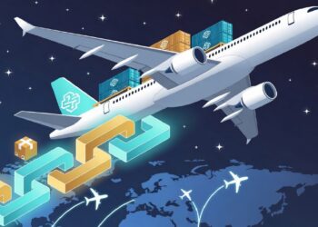 Avión con contenedores sobre mapa mundial y cadena de bloques debajo con paquetes conectados, simbolizando logística aérea global integrada con tecnología blockchain.