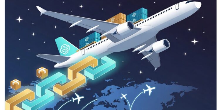 Avión con contenedores sobre mapa mundial y cadena de bloques debajo con paquetes conectados, simbolizando logística aérea global integrada con tecnología blockchain.