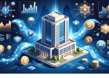 Grupo formal bajo Bitcoin central con flechas salientes frente a símbolos de otras criptos conectados por puente urbano, evocando transición del mercado hacia monedas alternativas.