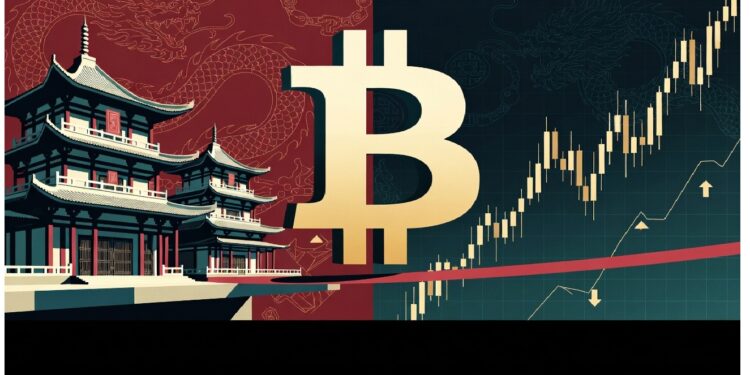 Pagoda oriental junto a gran Bitcoin dorado frente a gráfica ascendente en fondo oscuro, evocando cruce entre estética tradicional asiática y dinámicas de mercados cripto modernos.