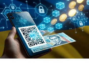 Mano sosteniendo móvil con código QR sobre billete ucraniano, rodeado de símbolos de Bitcoin, cubos digitales y candados, evocando cruce entre moneda nacional y transacciones cripto.