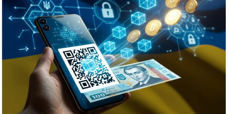 Mano sosteniendo móvil con código QR sobre billete ucraniano, rodeado de símbolos de Bitcoin, cubos digitales y candados, evocando cruce entre moneda nacional y transacciones cripto.