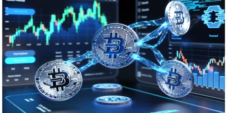 Cuatro símbolos metálicos de Bitcoin conectados por líneas azules brillantes frente a pantallas con gráficos financieros, evocando redes cripto y actividad de mercado en tiempo real.