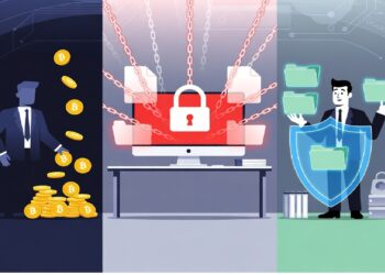Tres escenas muestran criptomonedas, pantalla con candado y cadenas, y figura tras escudo, evocando contraste entre riqueza digital, amenazas cibernéticas y protección de datos.