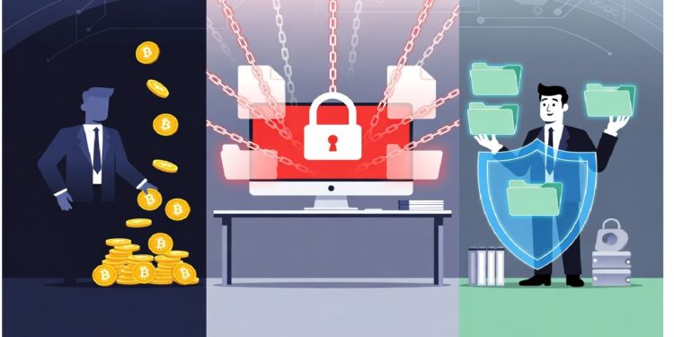 Tres escenas muestran criptomonedas, pantalla con candado y cadenas, y figura tras escudo, evocando contraste entre riqueza digital, amenazas cibernéticas y protección de datos.