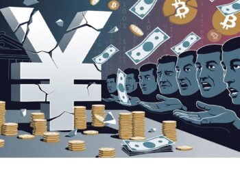Símbolo del yen agrietado rodeado de monedas y billetes mientras figuras al fondo extienden manos hacia dólares y Bitcoin, evocando tensión entre divisas tradicionales y criptoeconomía.