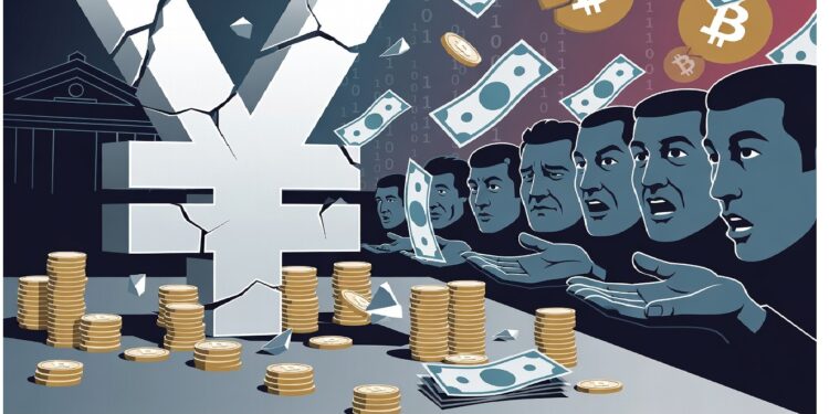 Símbolo del yen agrietado rodeado de monedas y billetes mientras figuras al fondo extienden manos hacia dólares y Bitcoin, evocando tensión entre divisas tradicionales y criptoeconomía.