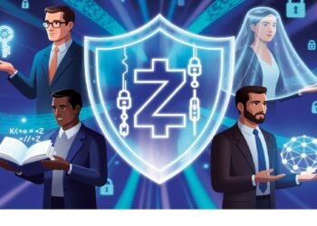 Cuatro figuras rodean escudo luminoso con símbolo Zcash entre patrones digitales y candados, evocando privacidad criptográfica mediante claves, ecuaciones y redes cifradas.