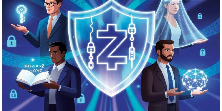 Cuatro figuras rodean escudo luminoso con símbolo Zcash entre patrones digitales y candados, evocando privacidad criptográfica mediante claves, ecuaciones y redes cifradas.