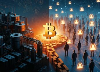 Bitcoin brillante rodeado de bloques digitales entre maquinaria de minería y red de siluetas con candados, simbolizando potencia computacional y transacciones seguras en blockchain.