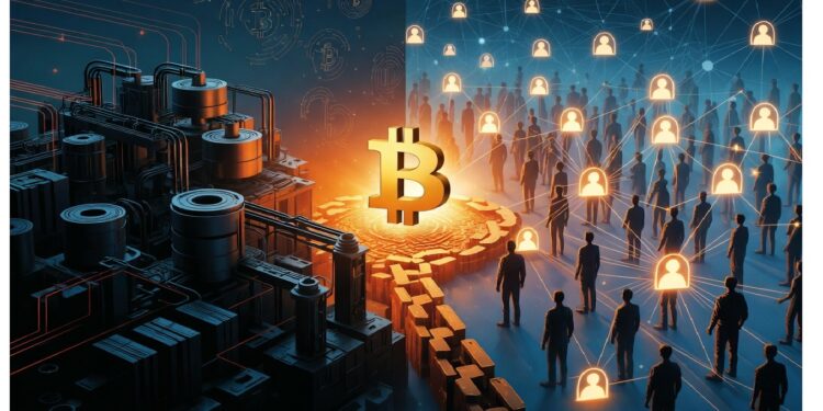 Bitcoin brillante rodeado de bloques digitales entre maquinaria de minería y red de siluetas con candados, simbolizando potencia computacional y transacciones seguras en blockchain.